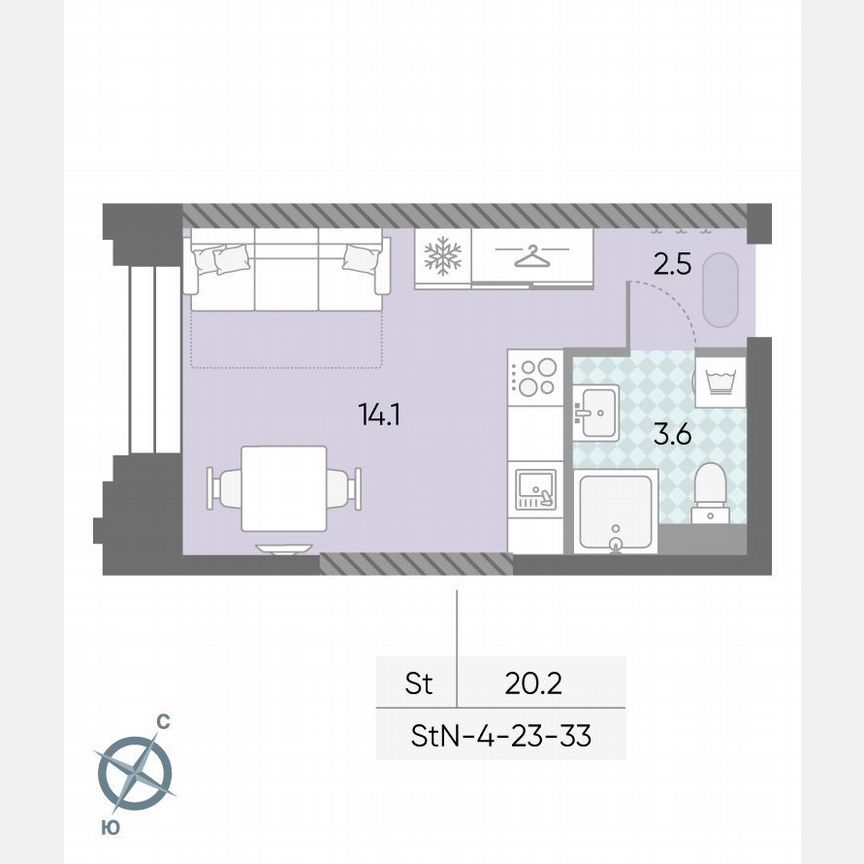 Квартира-студия, 20,2 м², 27/43 эт.