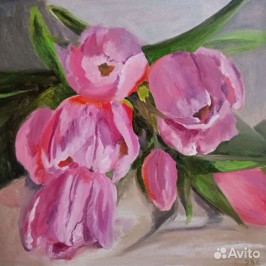Картина маслом в раме цветы Тюльпаны