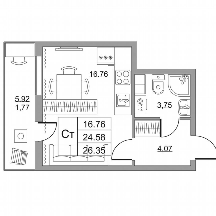 Квартира-студия, 26,4 м², 8/19 эт.