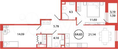 2-к. квартира, 64,7 м², 11/12 эт.