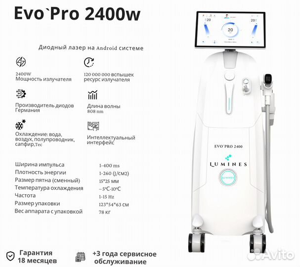 Диодный лазер для эпиляции люминес EvoPro 2400 Вт