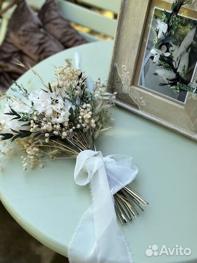 Комплект букет и венок на голову из сухоцветов