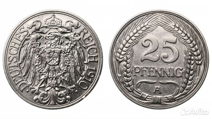 Германия. Вильгельм II. 25 пфеннигов 1910 года