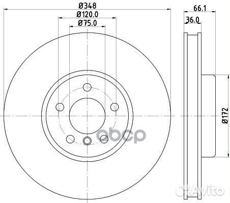 Диск тормозной пер.вент L 348x36mm 5 отв. (ч