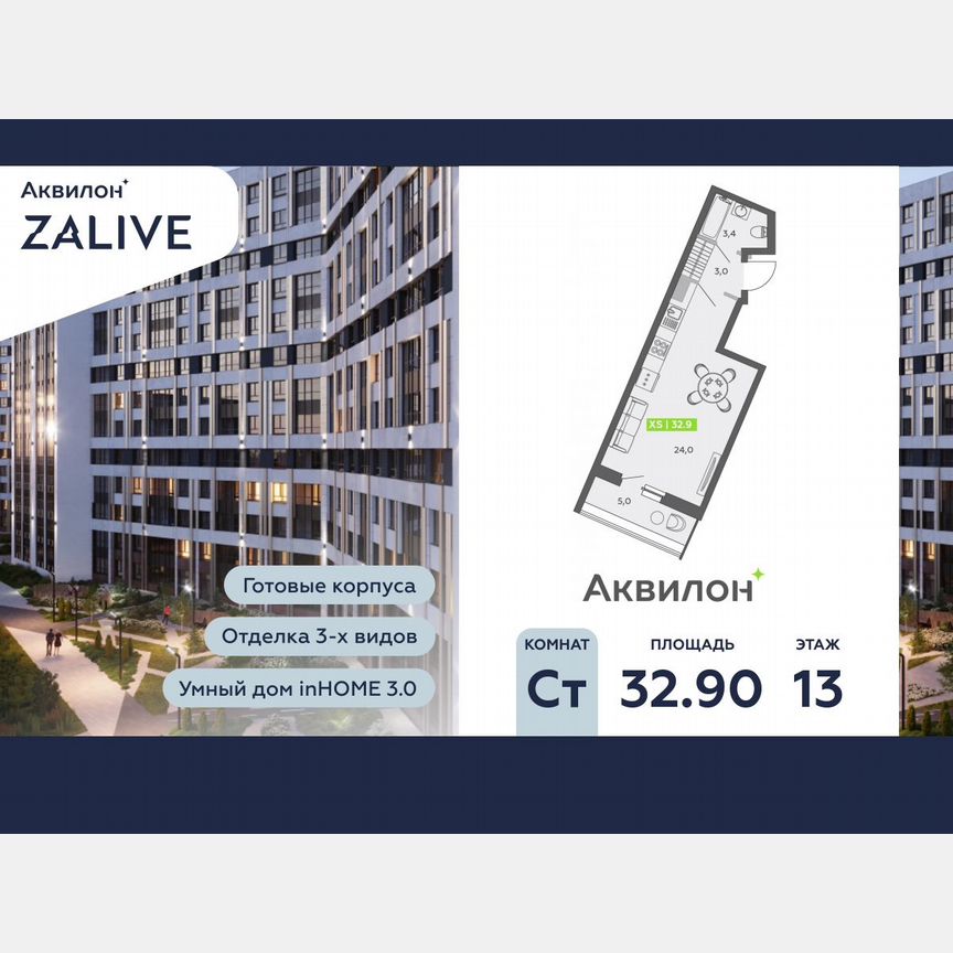 Квартира-студия, 32,9 м², 13/13 эт.