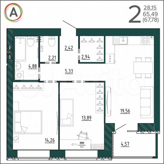 2-к. квартира, 67,8 м², 3/9 эт.