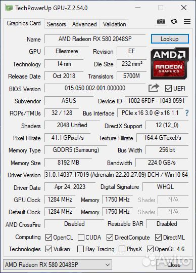 Видеокарта rx580 8gb asus