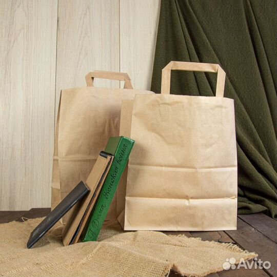 Бумажные крафт пакеты с плоскими ручками