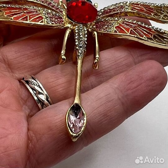 Брошь 2в1 Золотая Стрекоза кристаллы Винтаж