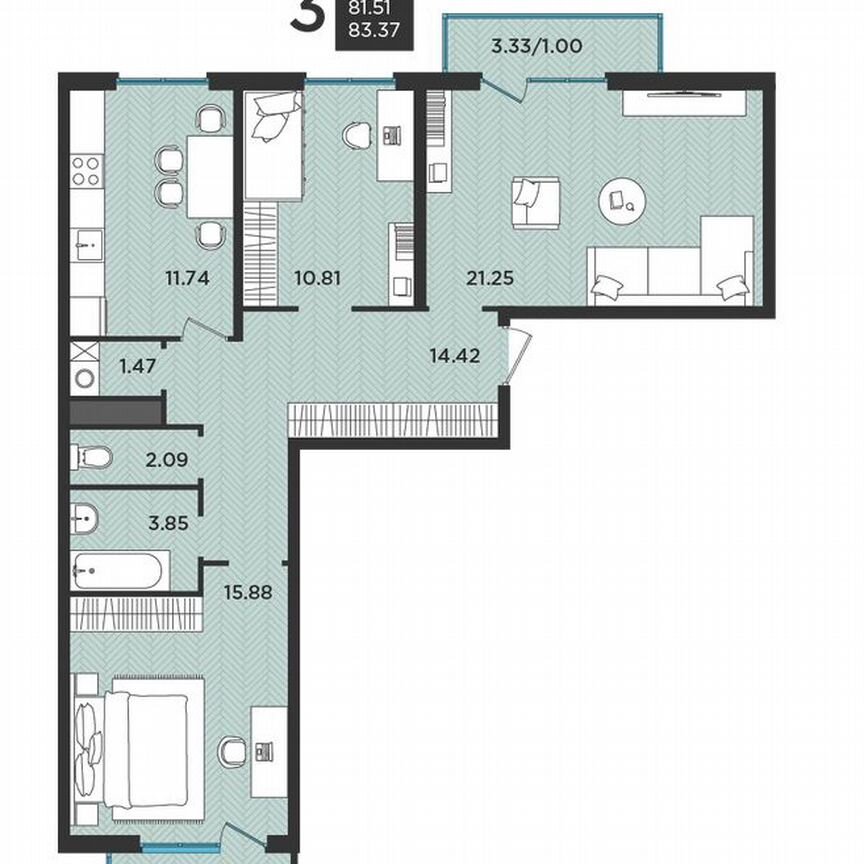 3-к. квартира, 82 м², 1/3 эт.