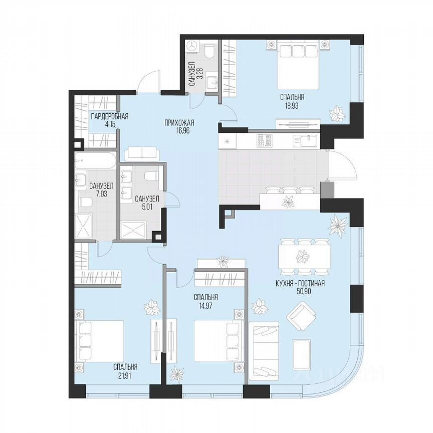 3-к. квартира, 143,1 м², 1/16 эт.