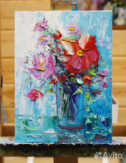Картина маслом, Натюрморт с цветами, 24х18 см