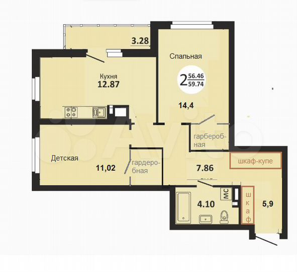 2-к. квартира, 60 м², 21/25 эт.