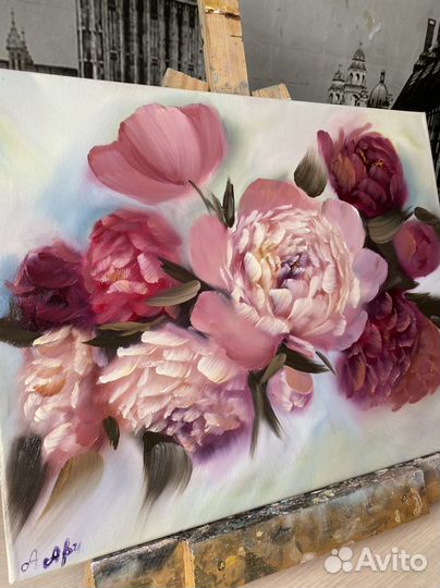 Картина маслом «Цветы пионы»