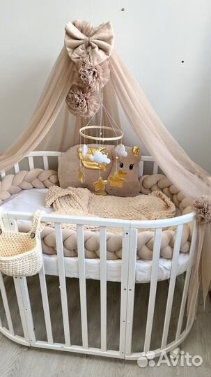 Комплект в кроватку с бортиками, балдахином пледом