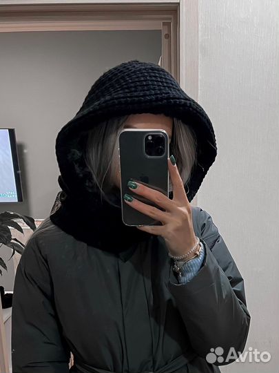 Вязаный теплый капюшон с мехом