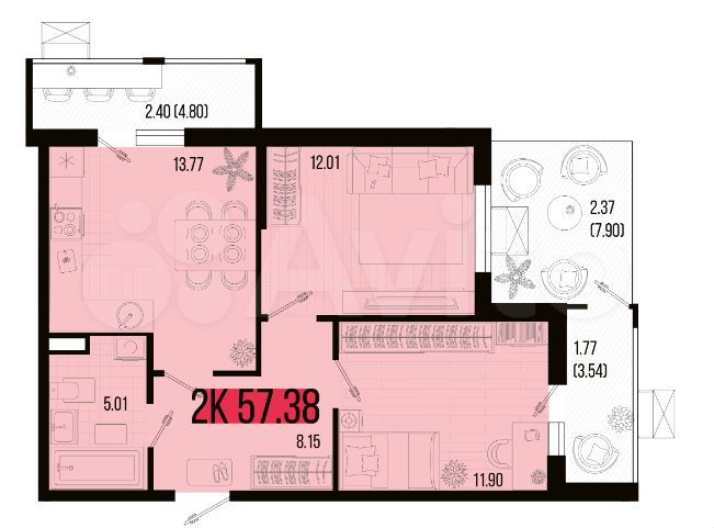 2-к. квартира, 57,4 м², 1/7 эт.