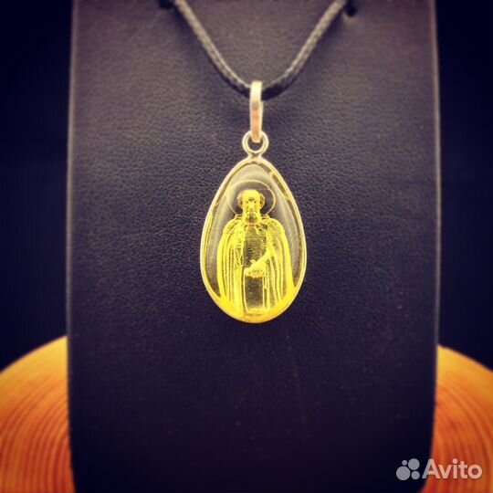 Сергей Радонежский Кулон Инталия Янтарь Серебро