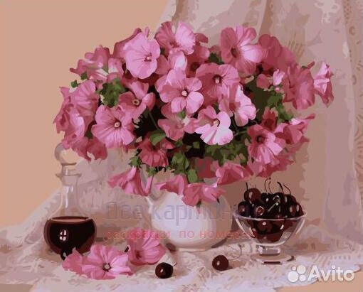 Картина по номерам 40x50 Букет петунии и вишни