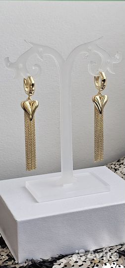 Серьги кисточки длинные с сердечками золото