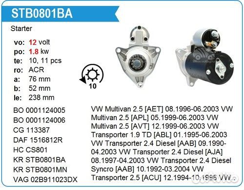 Krauf STB0801BA Стартер VW Multivan 2.5 TDi