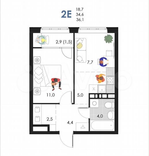 2-к. квартира, 36,1 м², 5/6 эт.