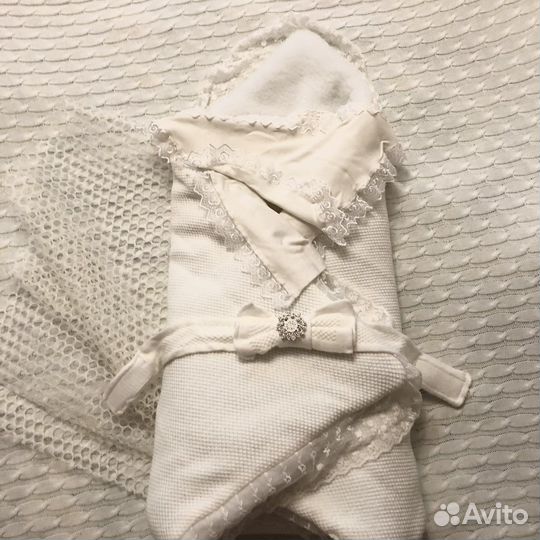 Вязанный меховой конверт-одеяло на выписку