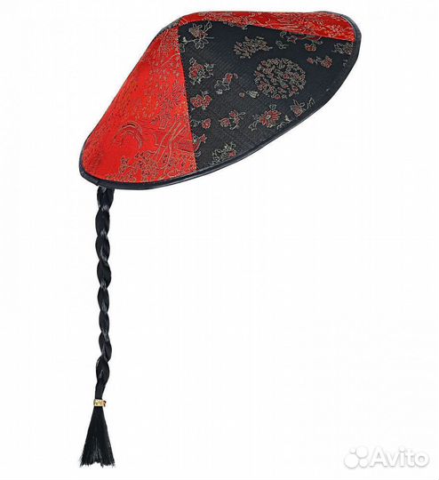 Шляпа китайская красно-черная с косичкой 2595C, фе