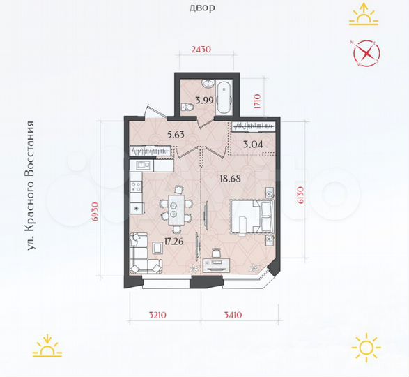 1-к. квартира, 48,6 м², 3/6 эт.