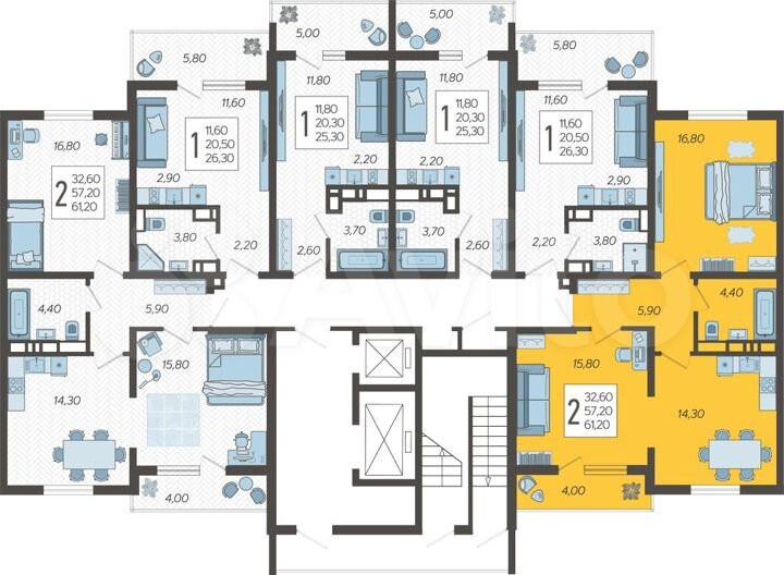 2-к. квартира, 61,2 м², 4/10 эт.
