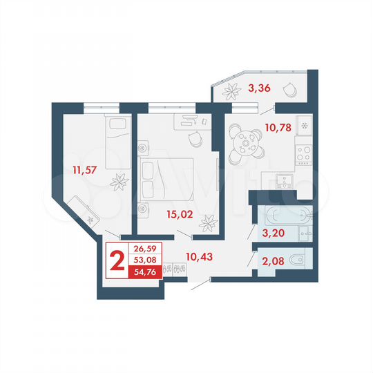 2-к. квартира, 52 м², 7/14 эт.