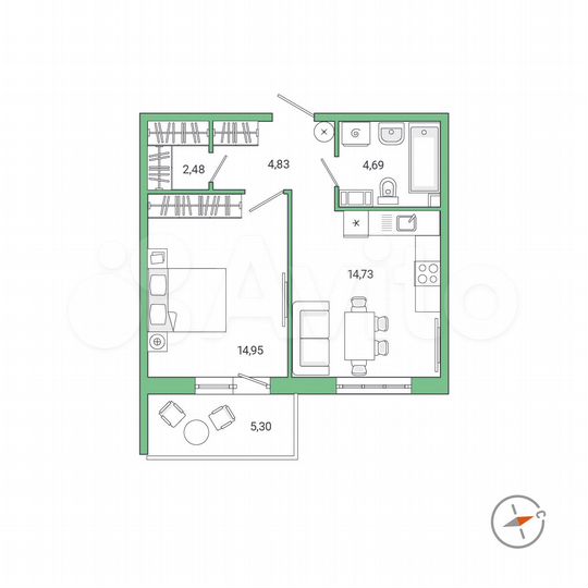 1-к. квартира, 43,3 м², 8/9 эт.