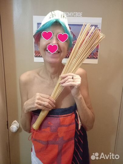 Шапка и веник бамбуковый для бани и сауны