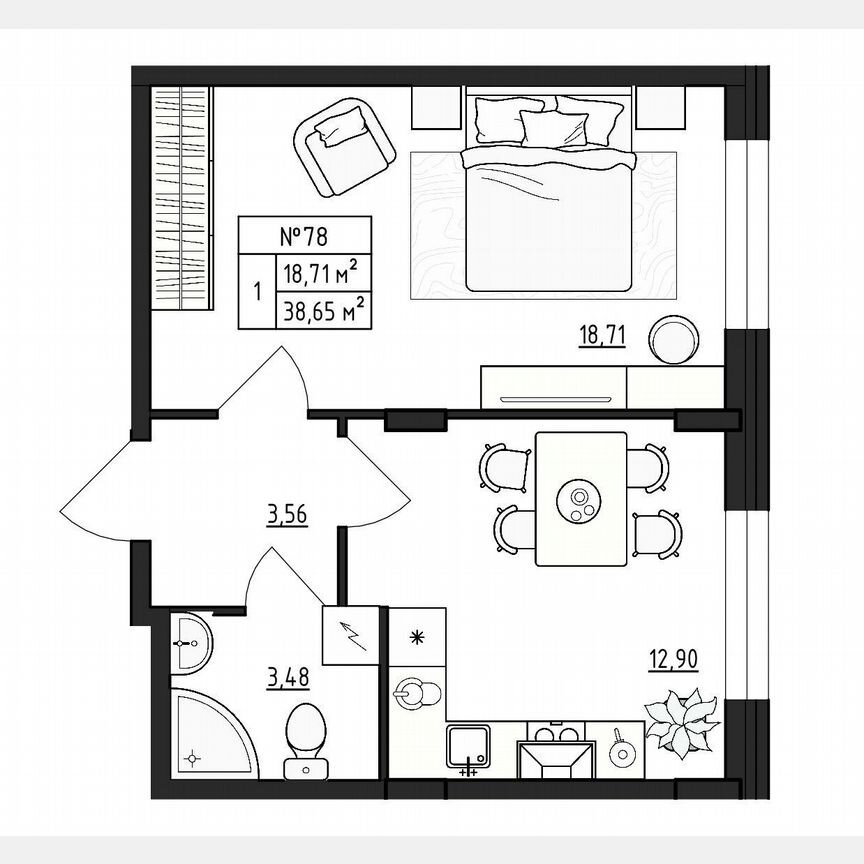1-к. квартира, 38,7 м², 1/4 эт.