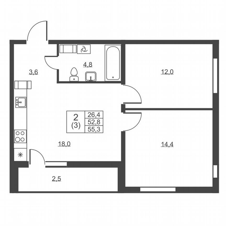 2-к. квартира, 55,3 м², 7/8 эт.