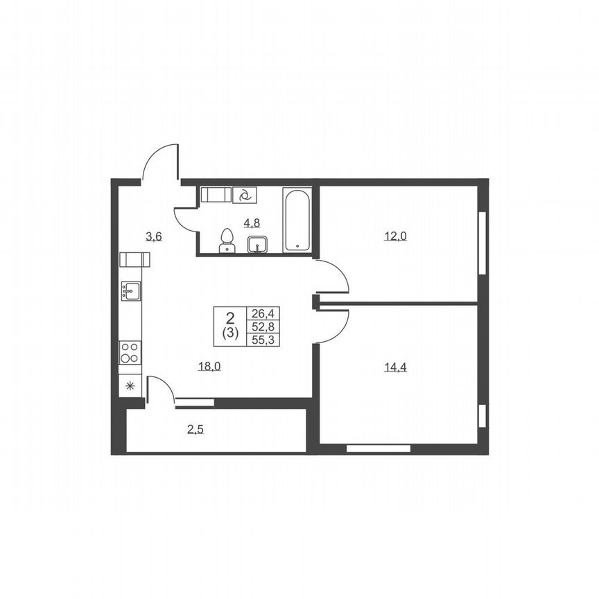 2-к. квартира, 55,3 м², 7/8 эт.