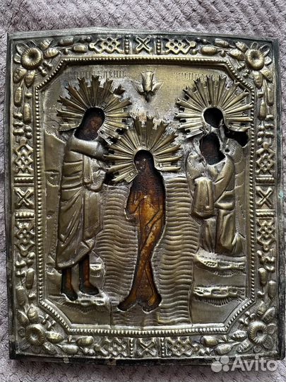 Икона Богоявление Господне 19 век оклад латунь