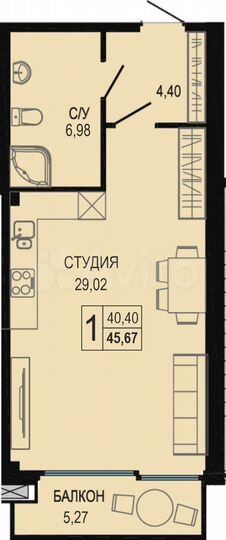 1-к. квартира, 45,7 м², 5/9 эт.