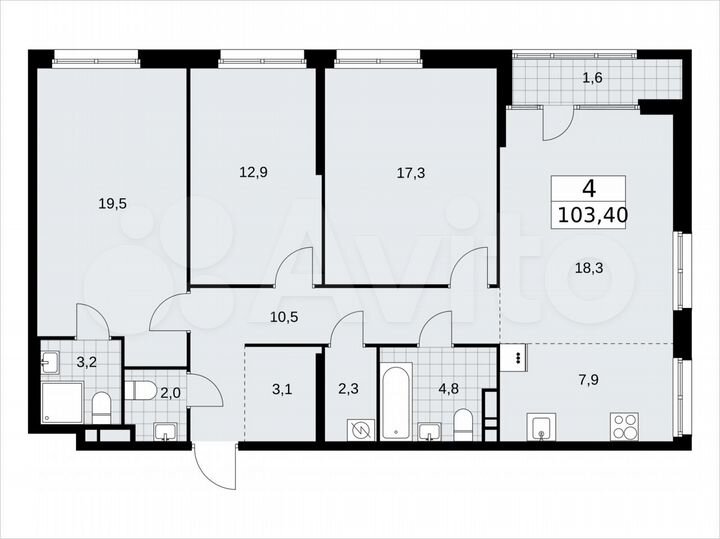 4-к. квартира, 103,4 м², 5/16 эт.