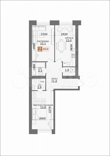2-к. квартира, 65 м², 1/5 эт.
