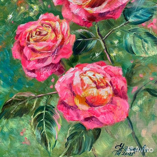 Картина Роза миниатюра маслом Красные цветы арт