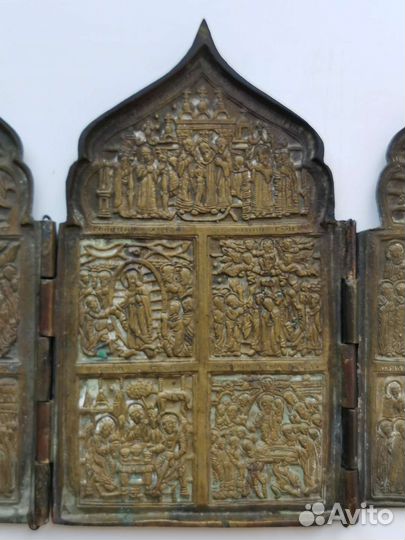 Икона Складень старинная медная латунная пластика
