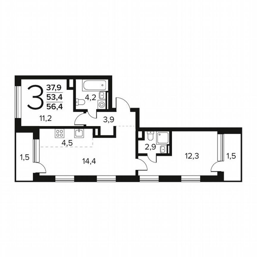 3-к. квартира, 56,4 м², 2/9 эт.