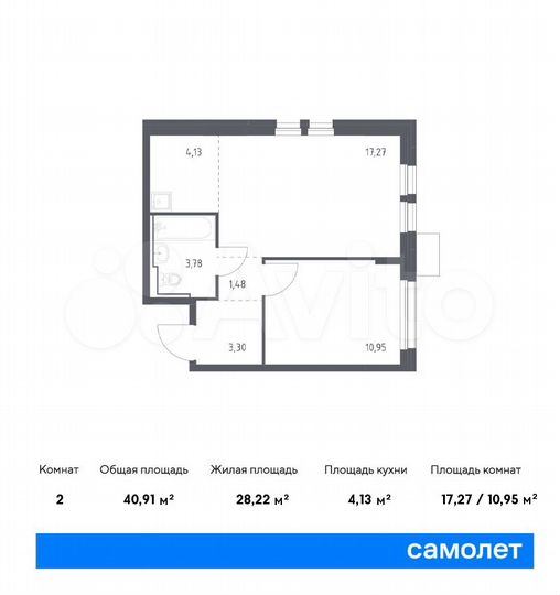 2-к. квартира, 40,9 м², 4/17 эт.