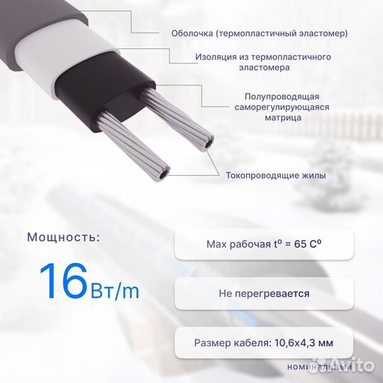 Греющий кабель. 16 Вт. Кабель для труб. 45 п.м