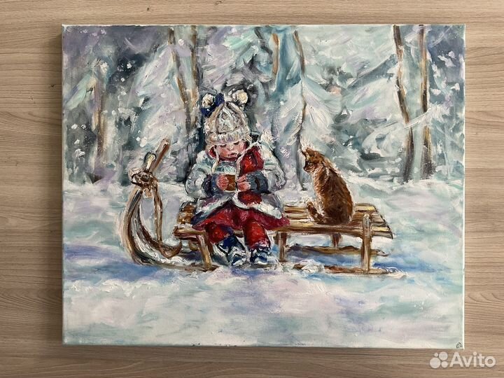 Картина маслом Девочка с котом 40х50 см на заказ