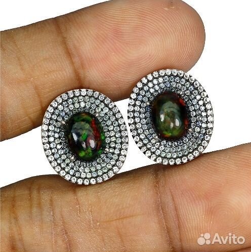 Серебряные серьги с черными опалами и сапфирами