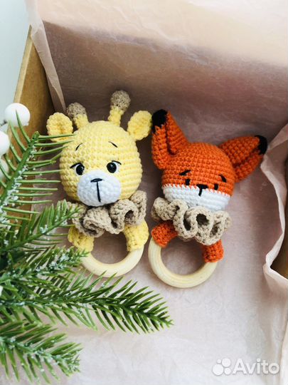 Деревянные вязанные грызунки погремушка