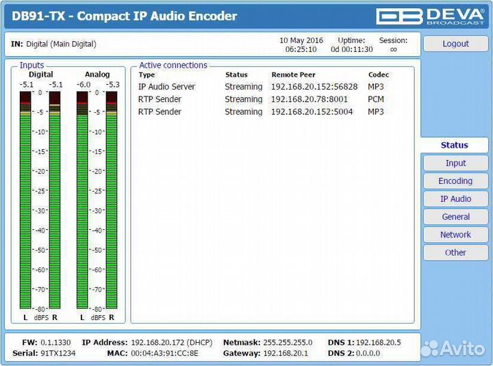 Deva broadcast DB91-TX, Компактный IP аудио кодер второго поколения. Несимметричные входы, spdif, вн