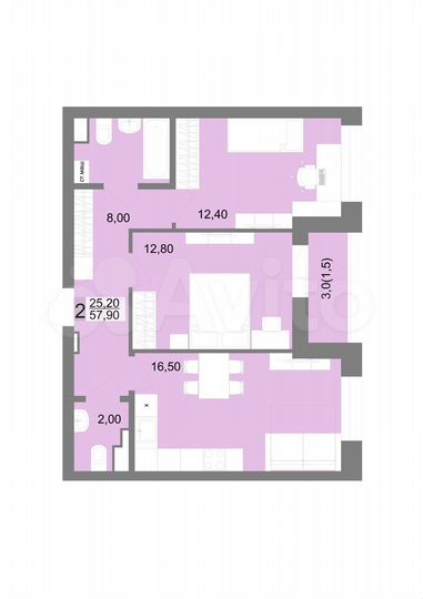 2-к. квартира, 57,9 м², 7/12 эт.
